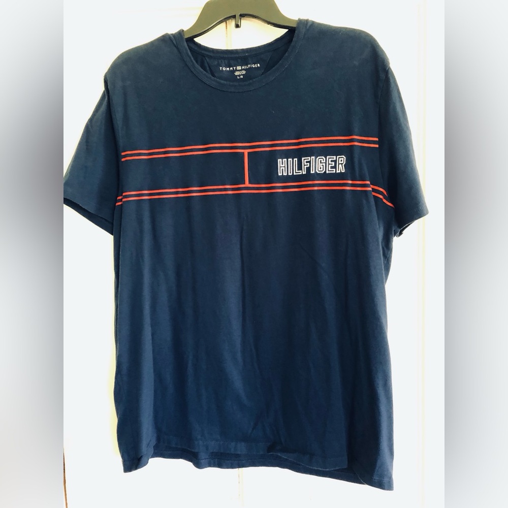 Tommy Hilfiger Navy Tee with Red Stripe and White outlined Logo